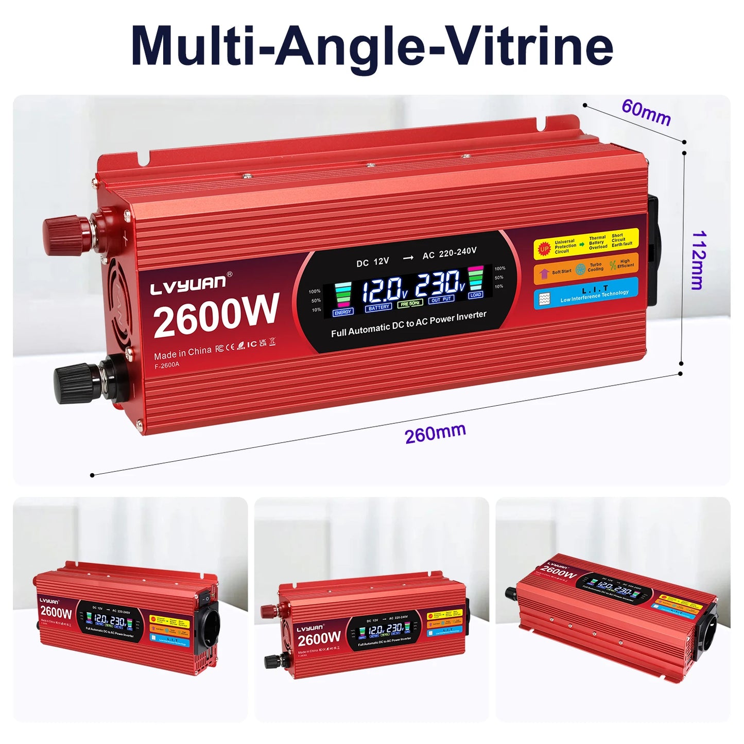 LCD Display Power Inverter 1500W/2000W/2600W Car Inversor DC12V to AC220V