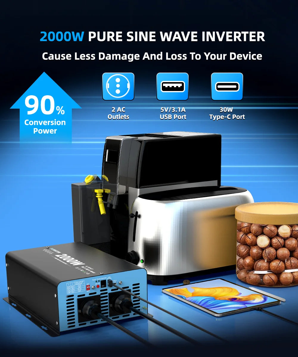 2000W Continuous Power Pure Sine Wave Inverter Peak Power 4000W DC 12V to AC 230V