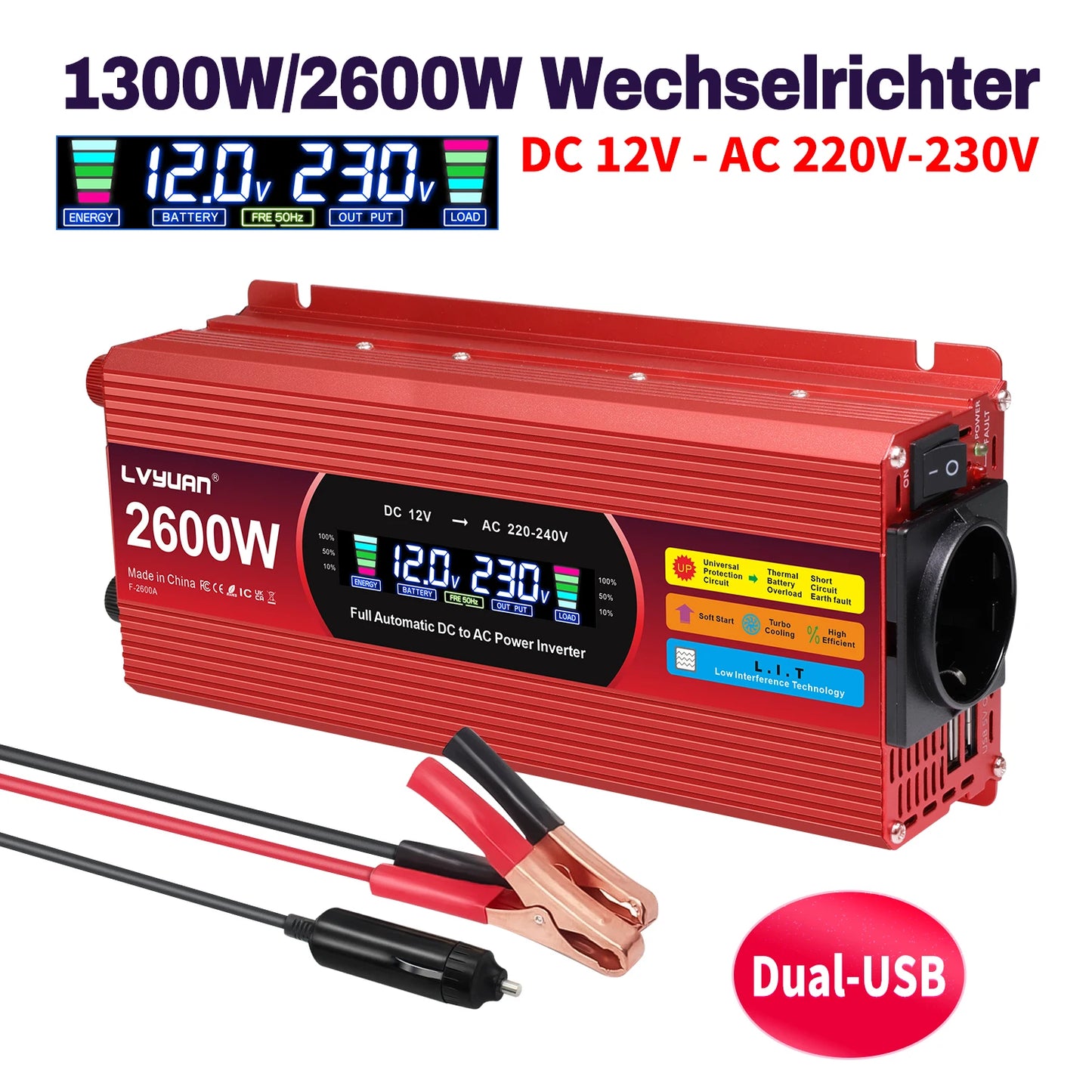 LCD Display Power Inverter 1500W/2000W/2600W Car Inversor DC12V to AC220V