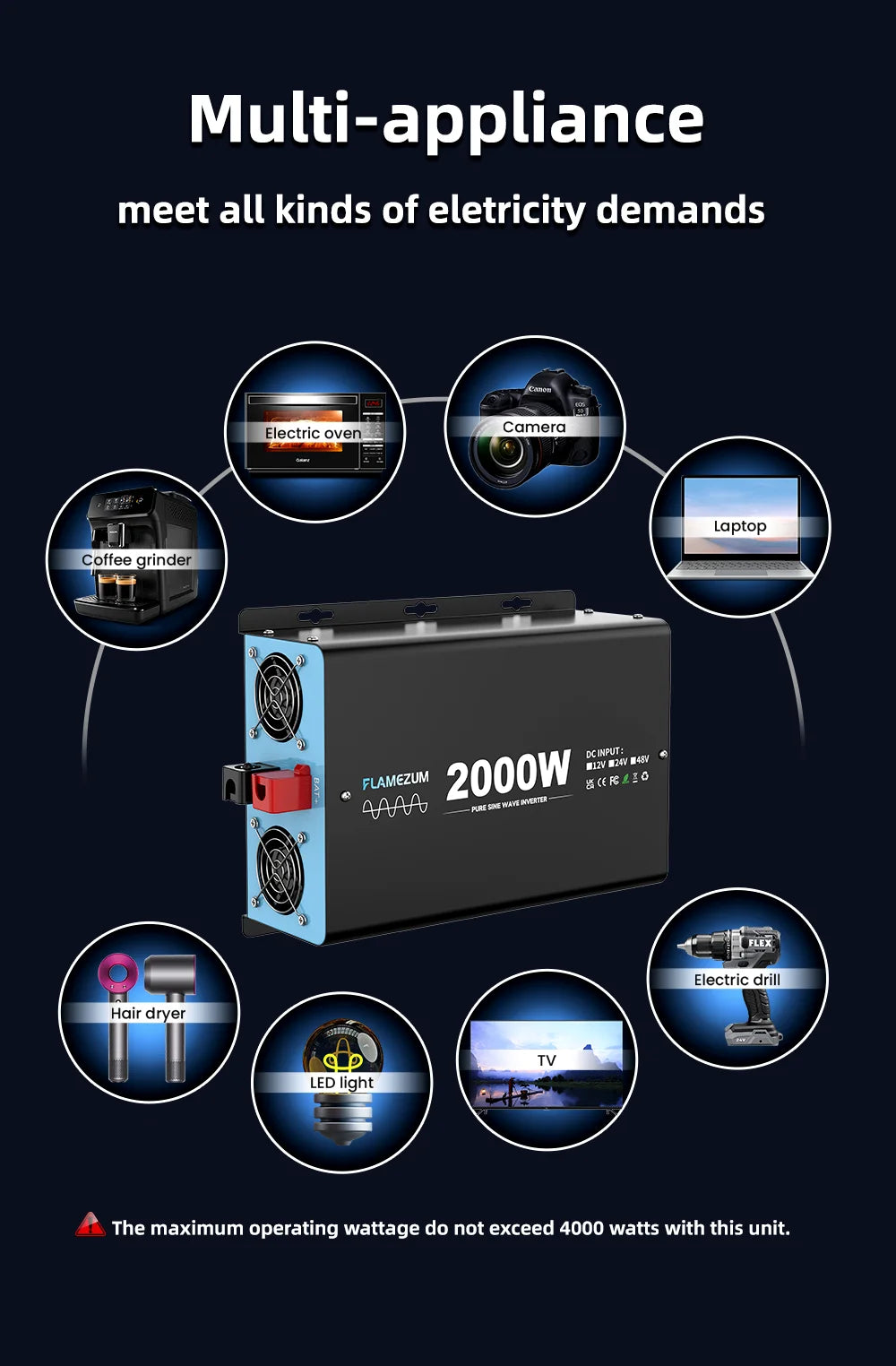 2000W Continuous Power Pure Sine Wave Inverter Peak Power 4000W DC 12V to AC 230V