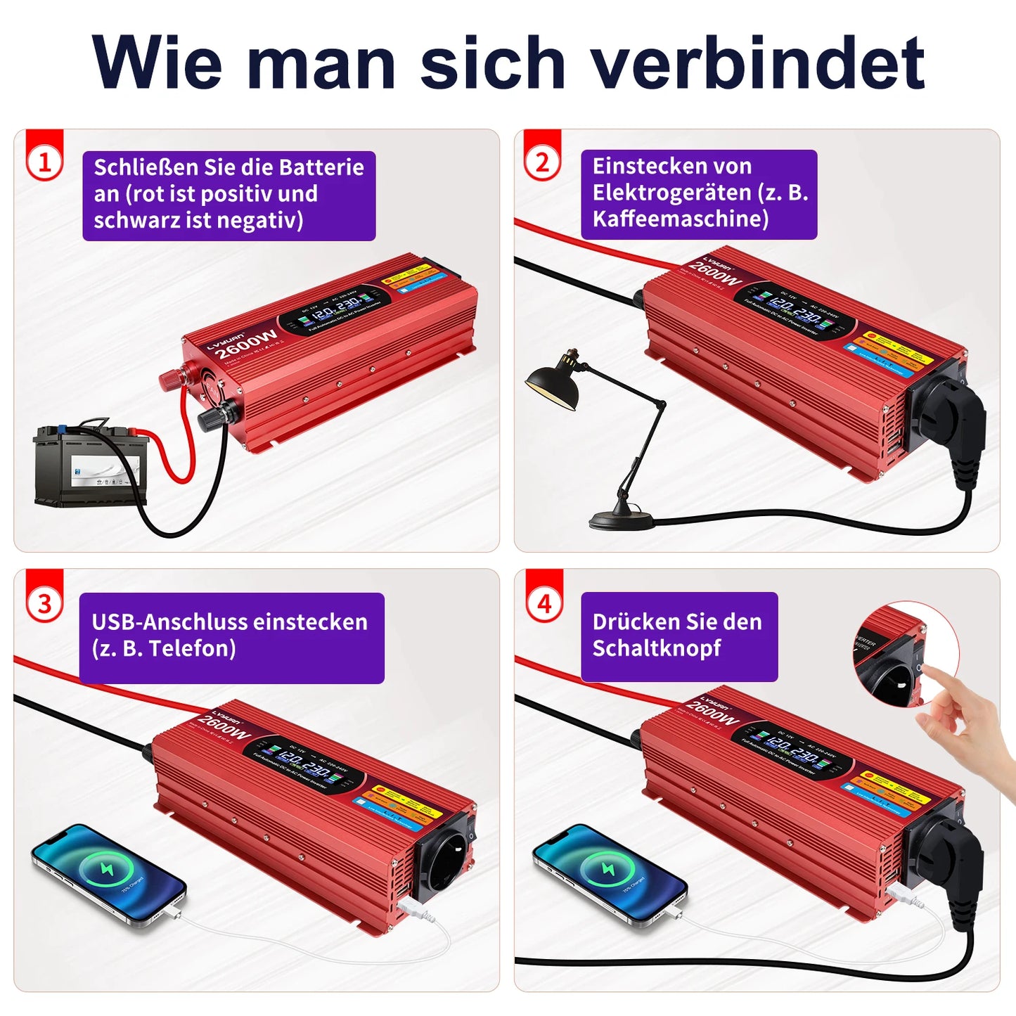 LCD Display Power Inverter 1500W/2000W/2600W Car Inversor DC12V to AC220V
