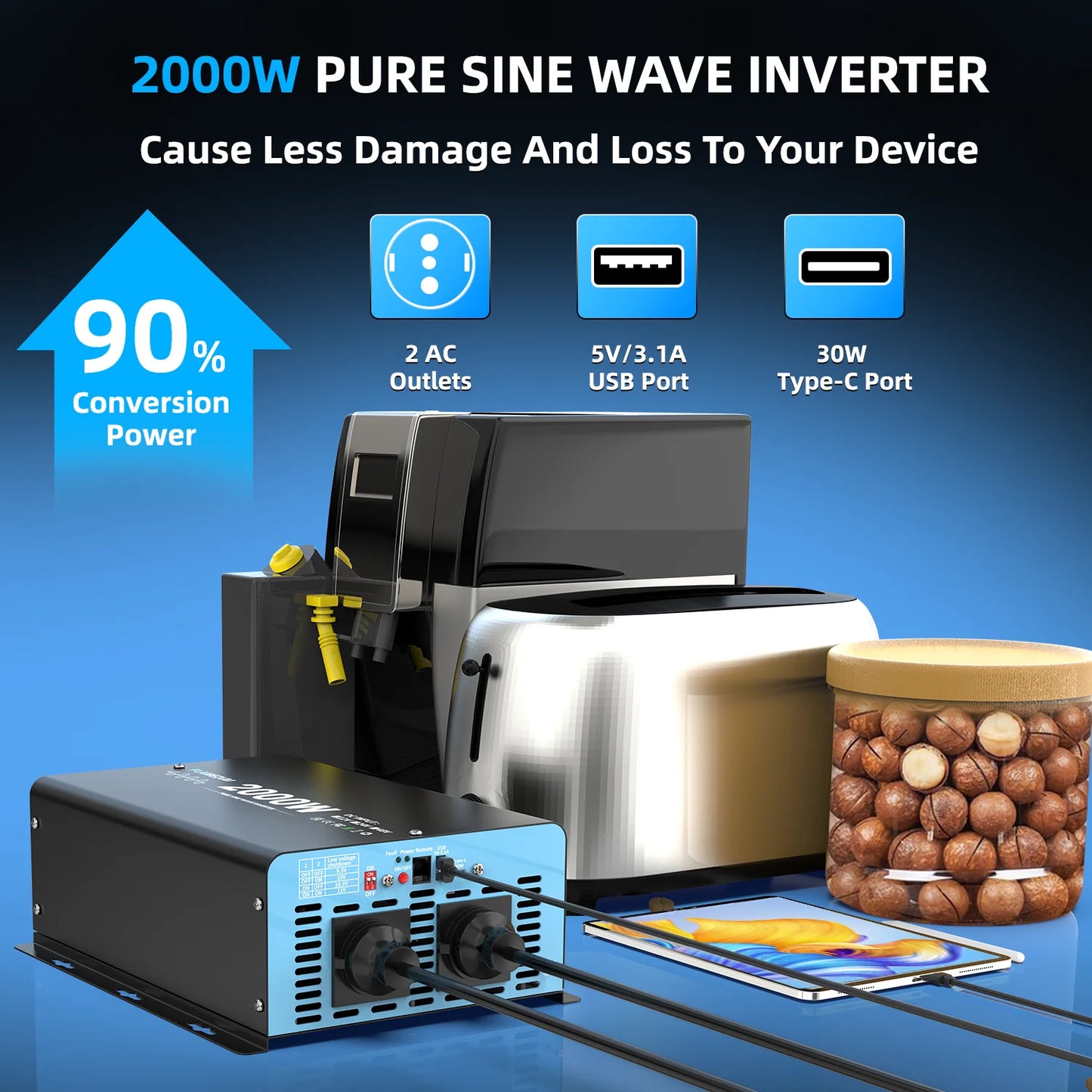 2000W Continuous Power Pure Sine Wave Inverter Peak Power 4000W DC 12V to AC 230V