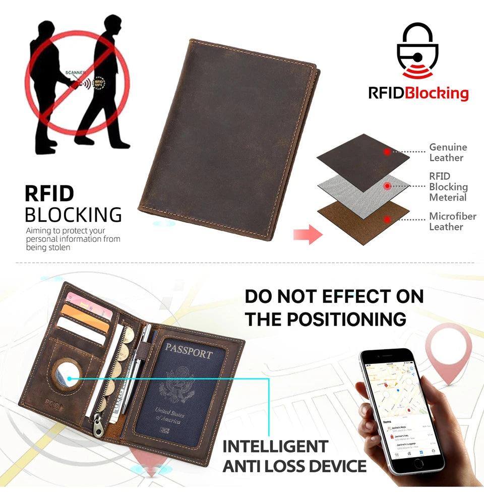 Echter Leder-Passhalter mit AirTag-Fach – Reisebrieftasche mit RFID-Schutz