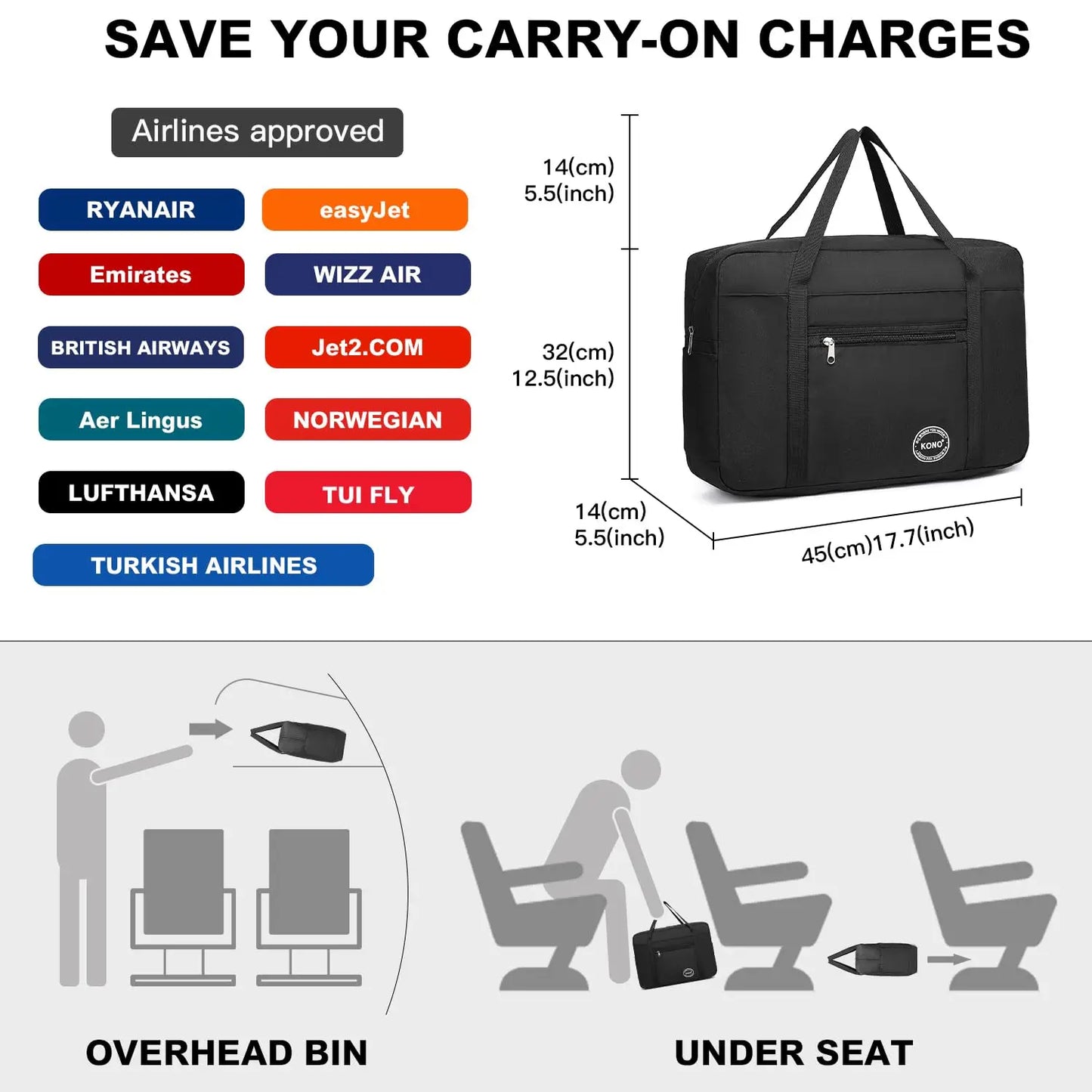 KONO Faltbare Handgepäcktasche aus Nylon