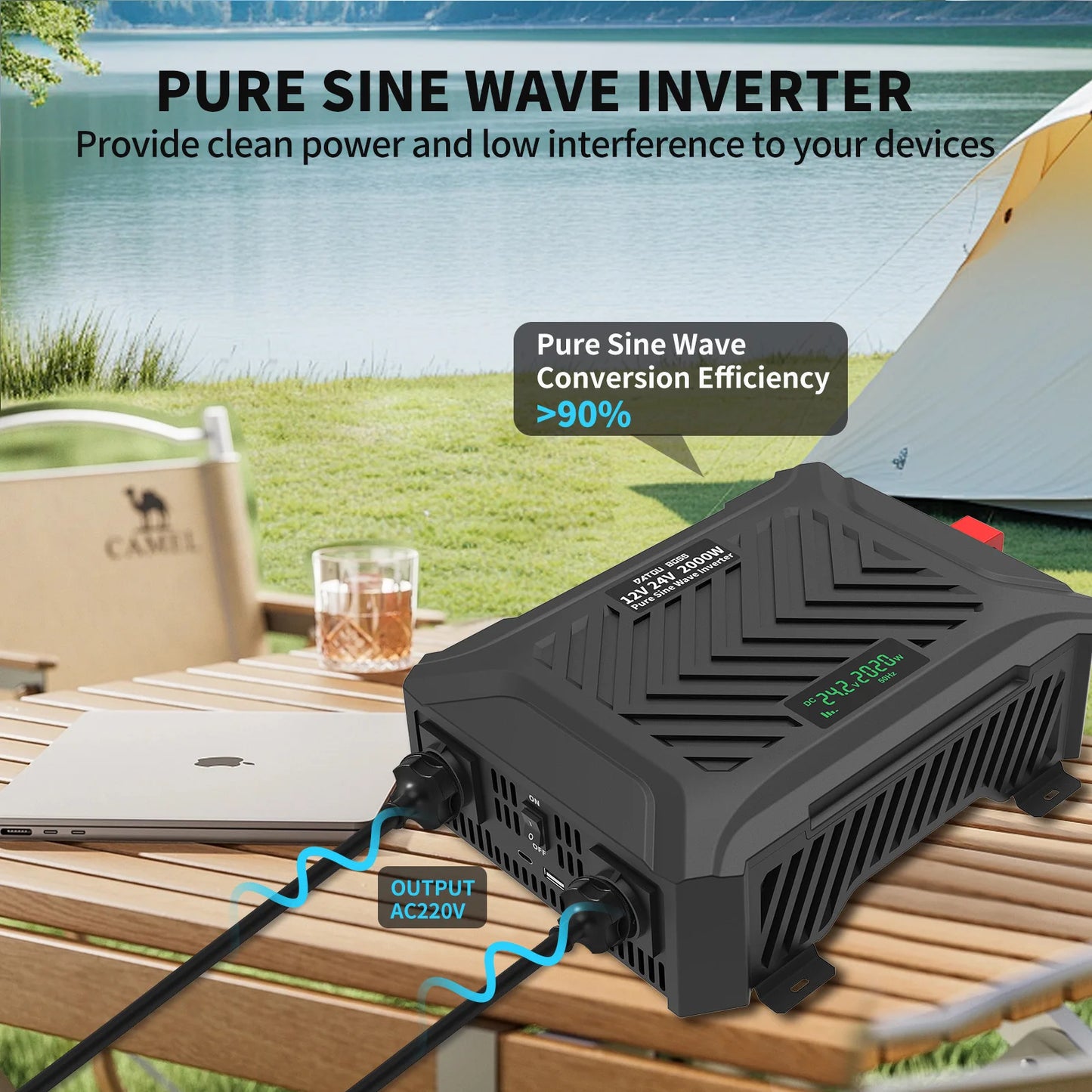 DATOUBOSS Pure Sine Sine Inverter Auto Switching DC12V/DC24V to AC220V Continuous