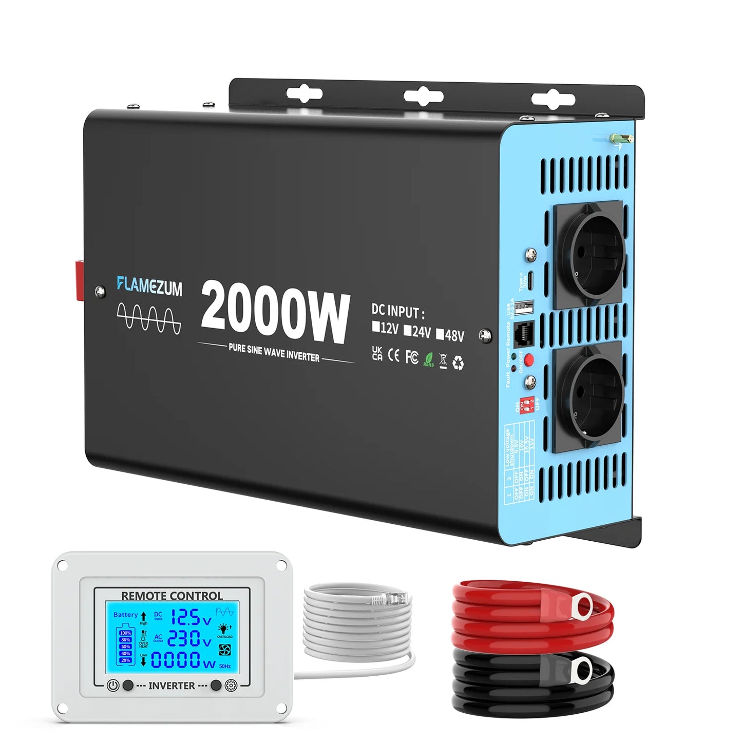 2000W Continuous Power Pure Sine Wave Inverter Peak Power 4000W DC 12V to AC 230V