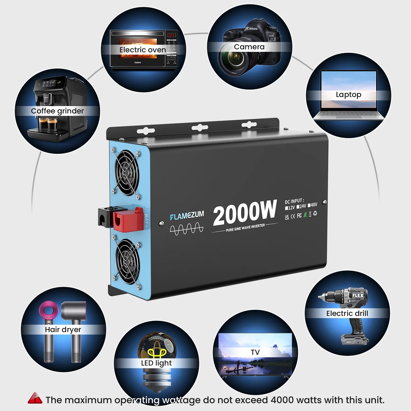 2000W Continuous Power Pure Sine Wave Inverter Peak Power 4000W DC 12V to AC 230V