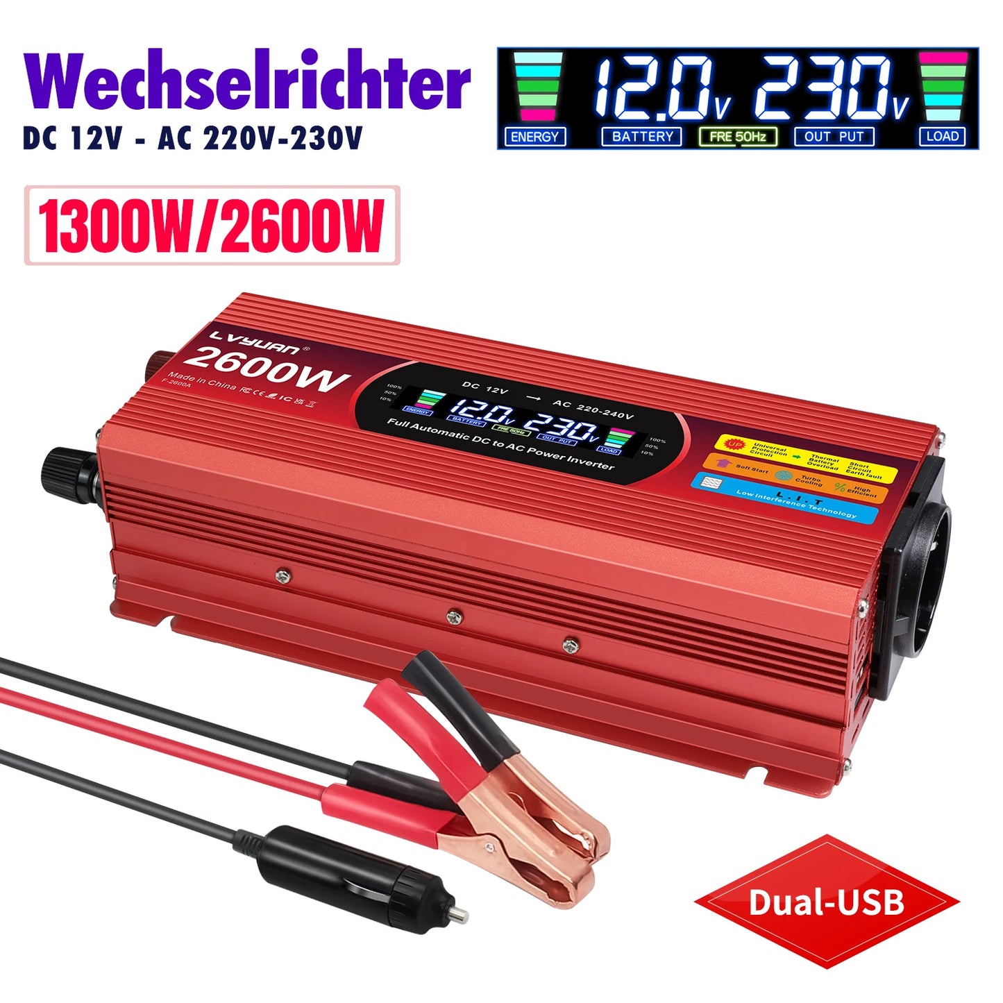 LCD Display Power Inverter 1500W/2000W/2600W Car Inversor DC12V to AC220V