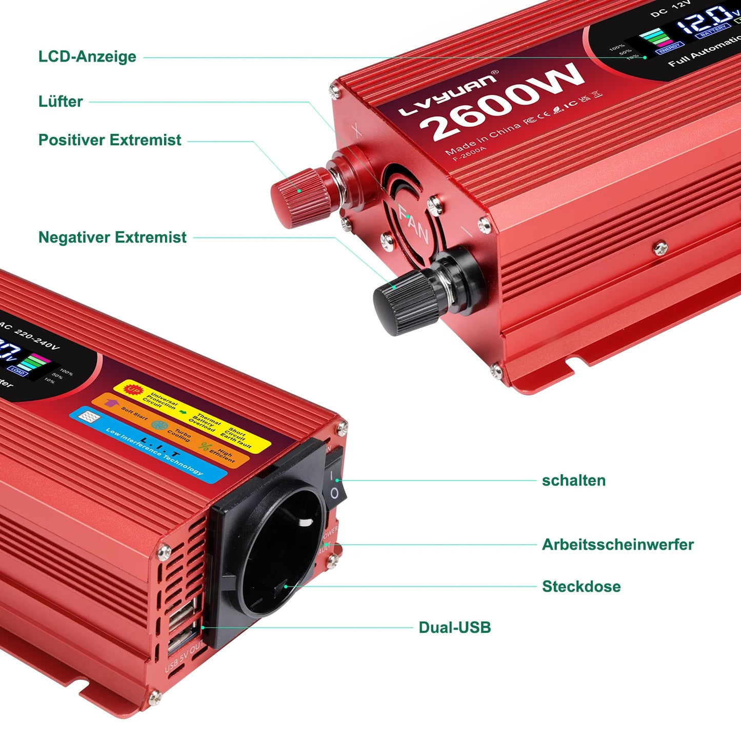 LCD Display Power Inverter 1500W/2000W/2600W Car Inversor DC12V to AC220V