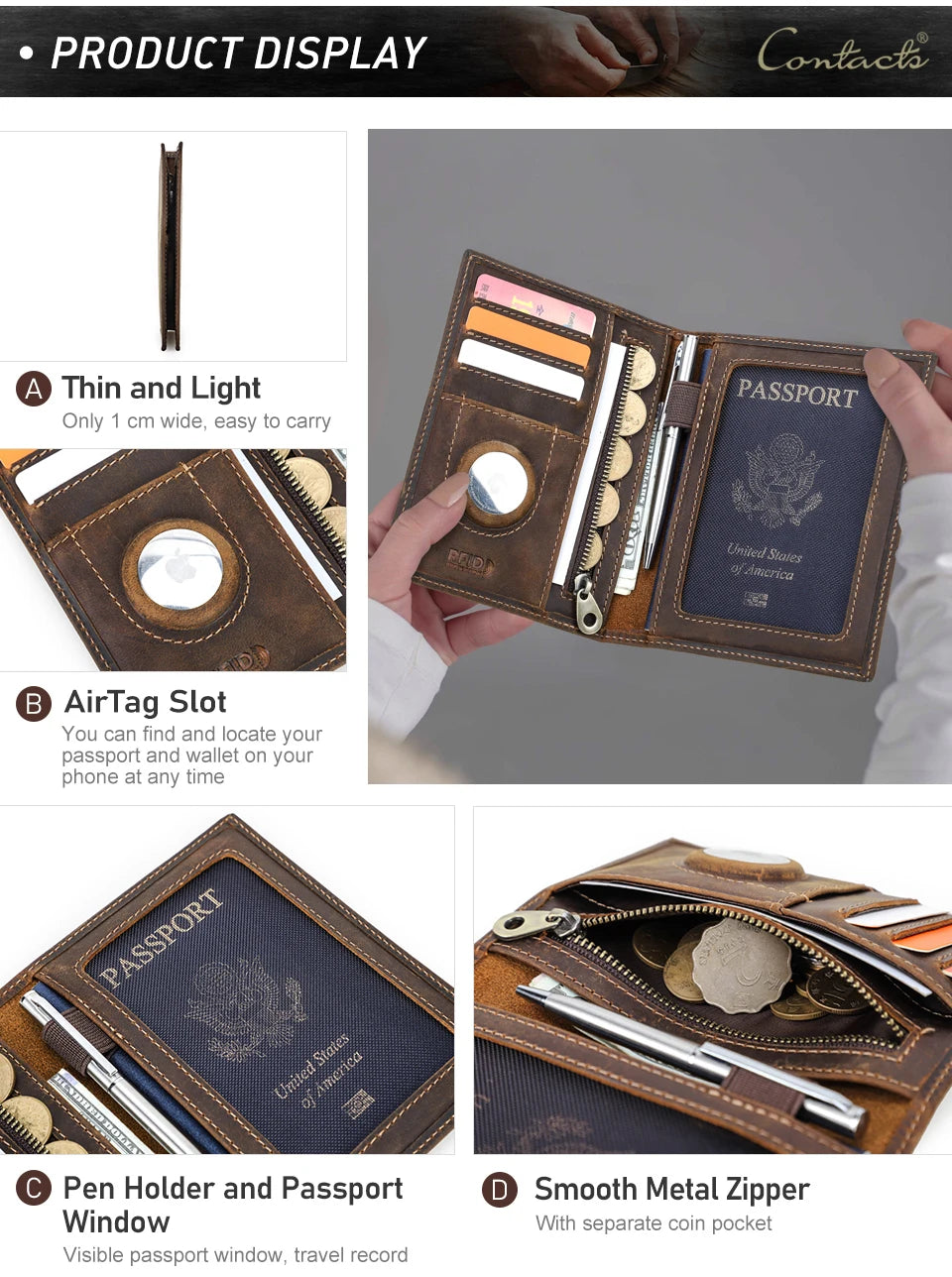 Echter Leder-Passhalter mit AirTag-Fach – Reisebrieftasche mit RFID-Schutz