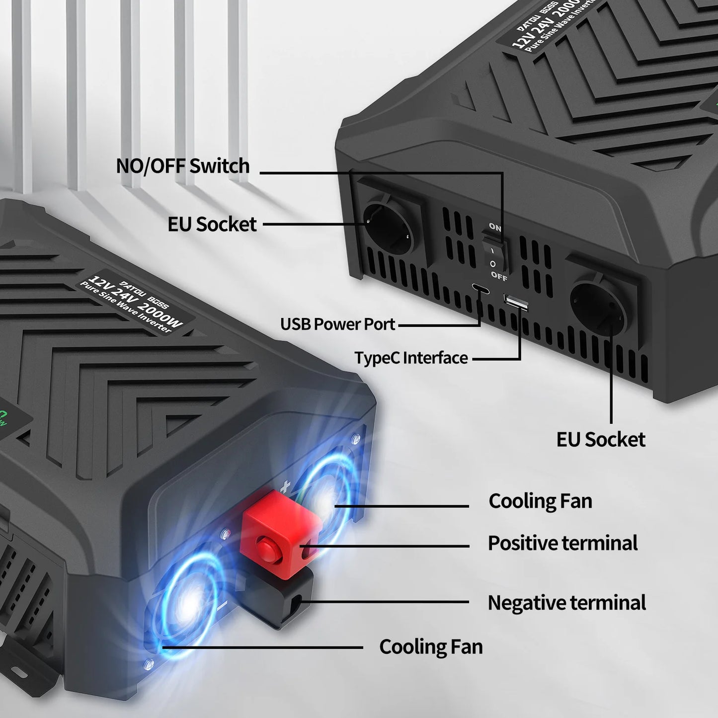 DATOUBOSS Pure Sine Sine Inverter Auto Switching DC12V/DC24V to AC220V Continuous