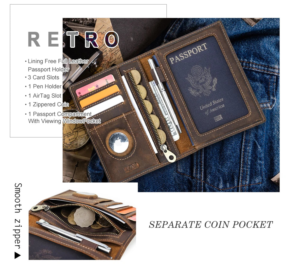 Echter Leder-Passhalter mit AirTag-Fach – Reisebrieftasche mit RFID-Schutz