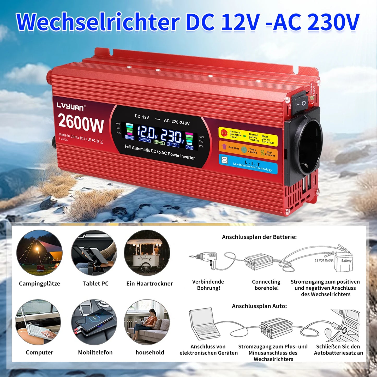 LCD Display Power Inverter 1500W/2000W/2600W Car Inversor DC12V to AC220V