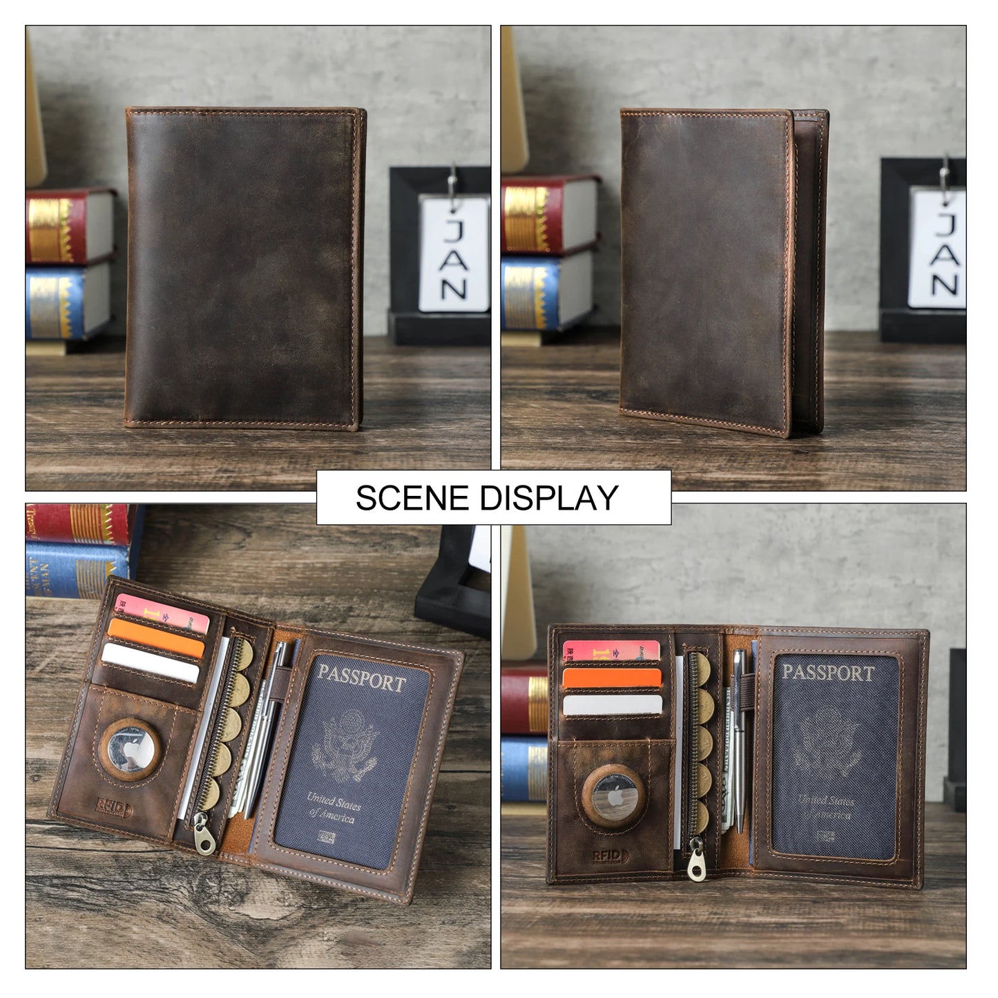 Echter Leder-Passhalter mit AirTag-Fach – Reisebrieftasche mit RFID-Schutz