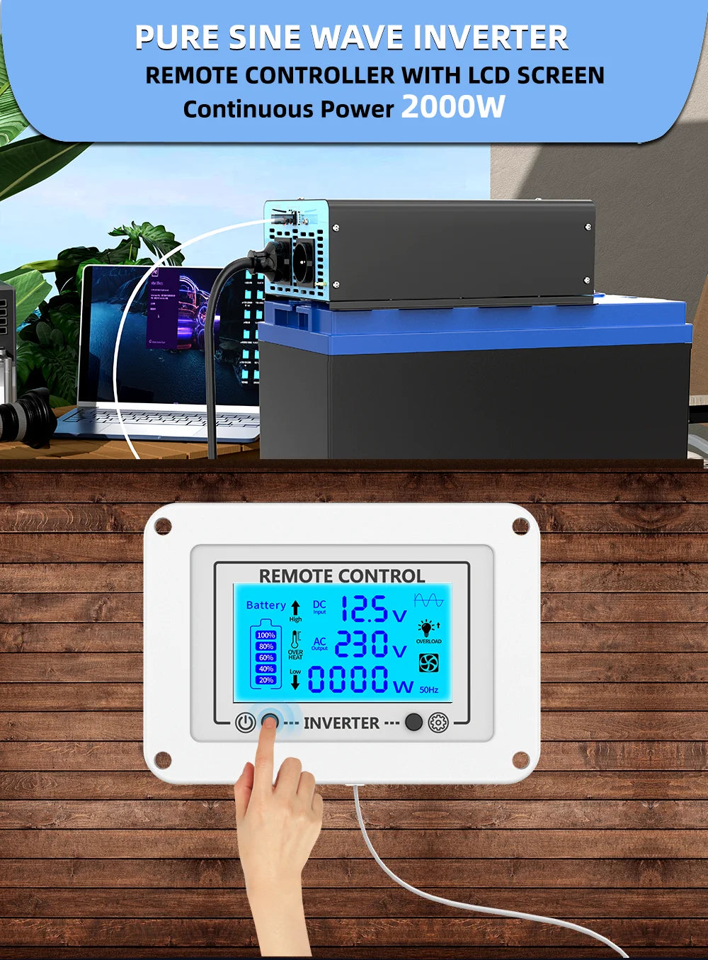 2000W Continuous Power Pure Sine Wave Inverter Peak Power 4000W DC 12V to AC 230V