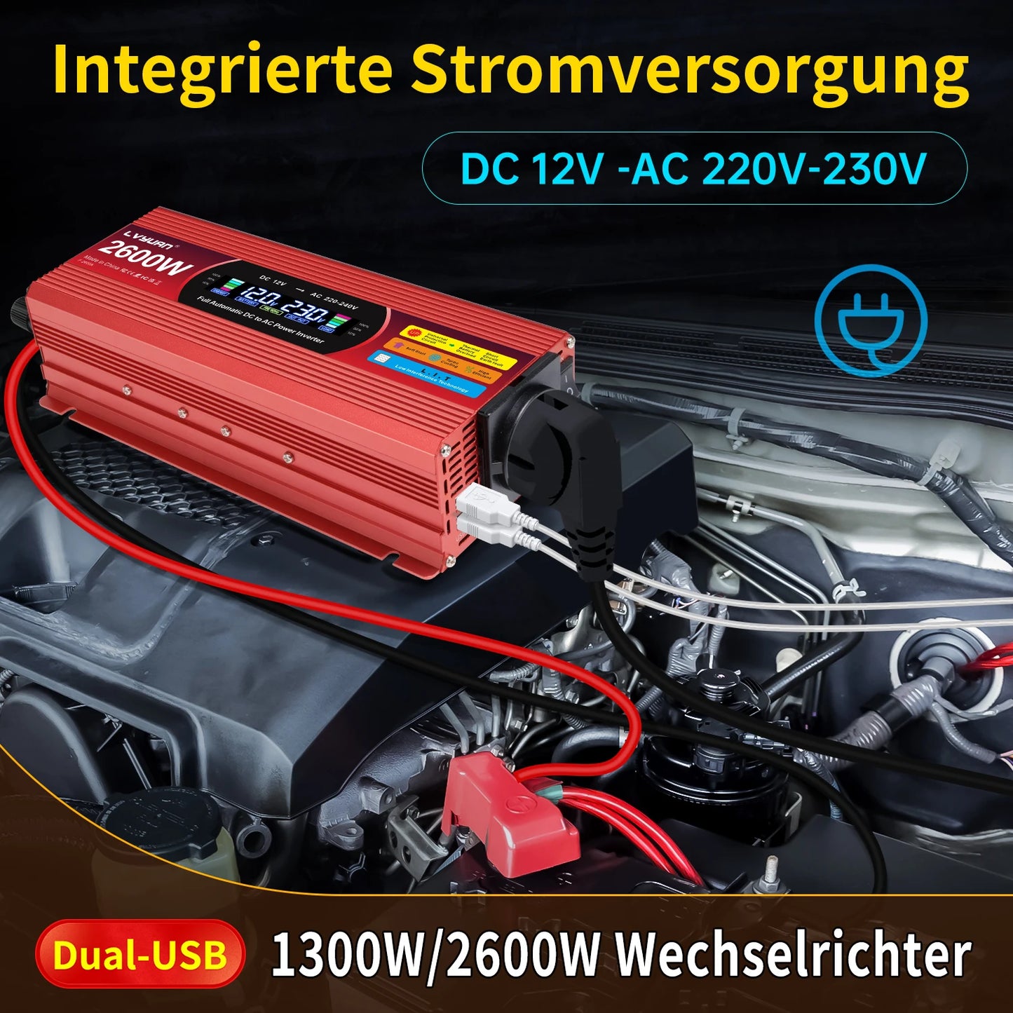 LCD Display Power Inverter 1500W/2000W/2600W Car Inversor DC12V to AC220V