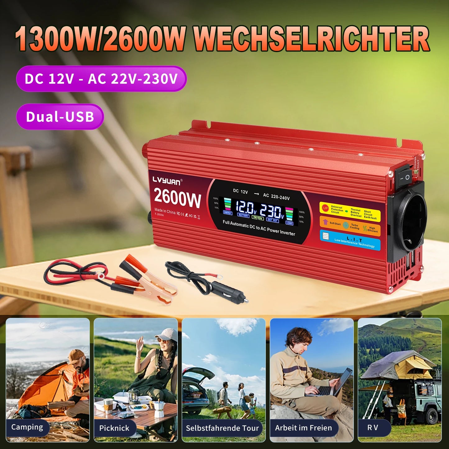 LCD Display Power Inverter 1500W/2000W/2600W Car Inversor DC12V to AC220V