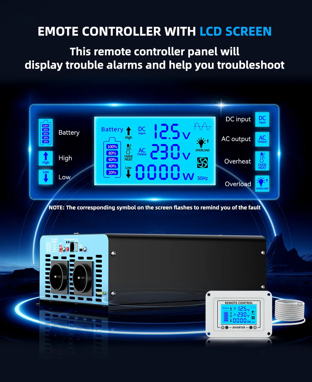 2000W Continuous Power Pure Sine Wave Inverter Peak Power 4000W DC 12V to AC 230V
