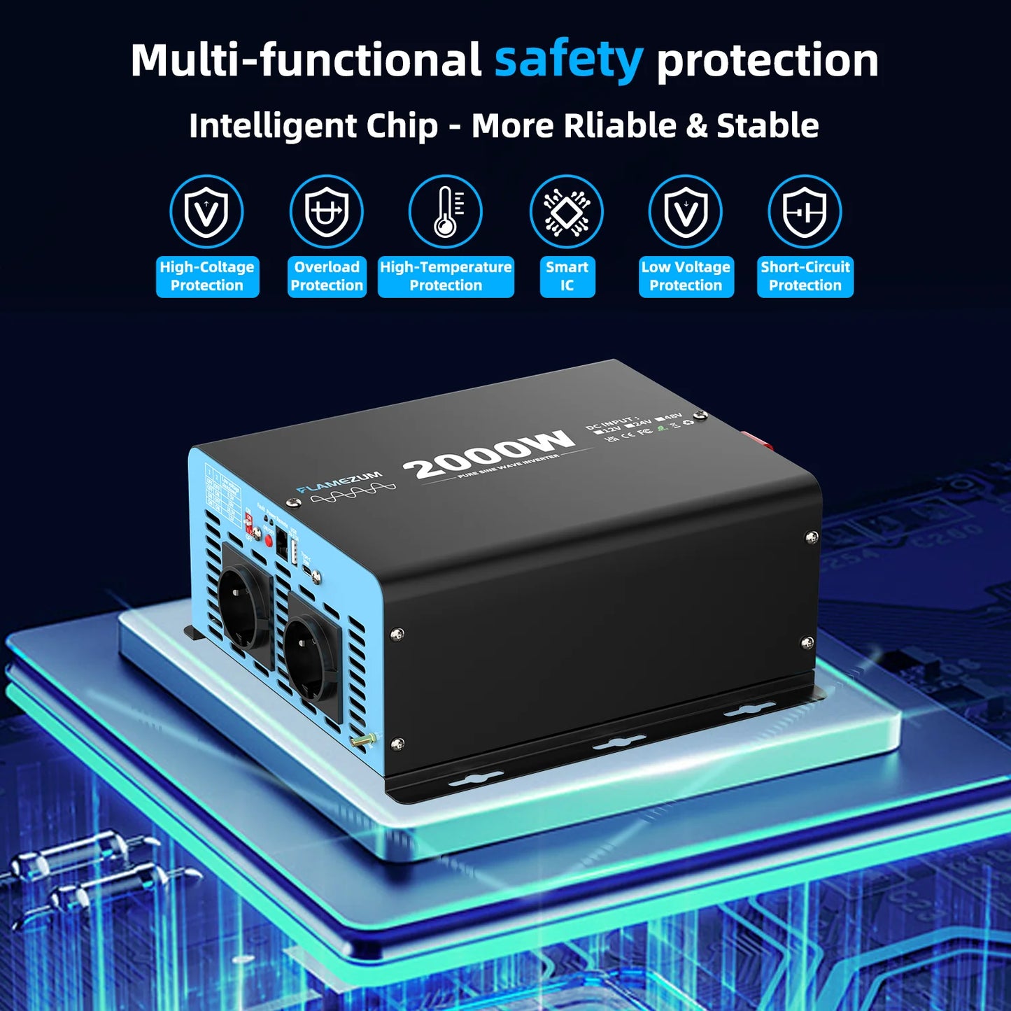 2000W Continuous Power Pure Sine Wave Inverter Peak Power 4000W DC 12V to AC 230V