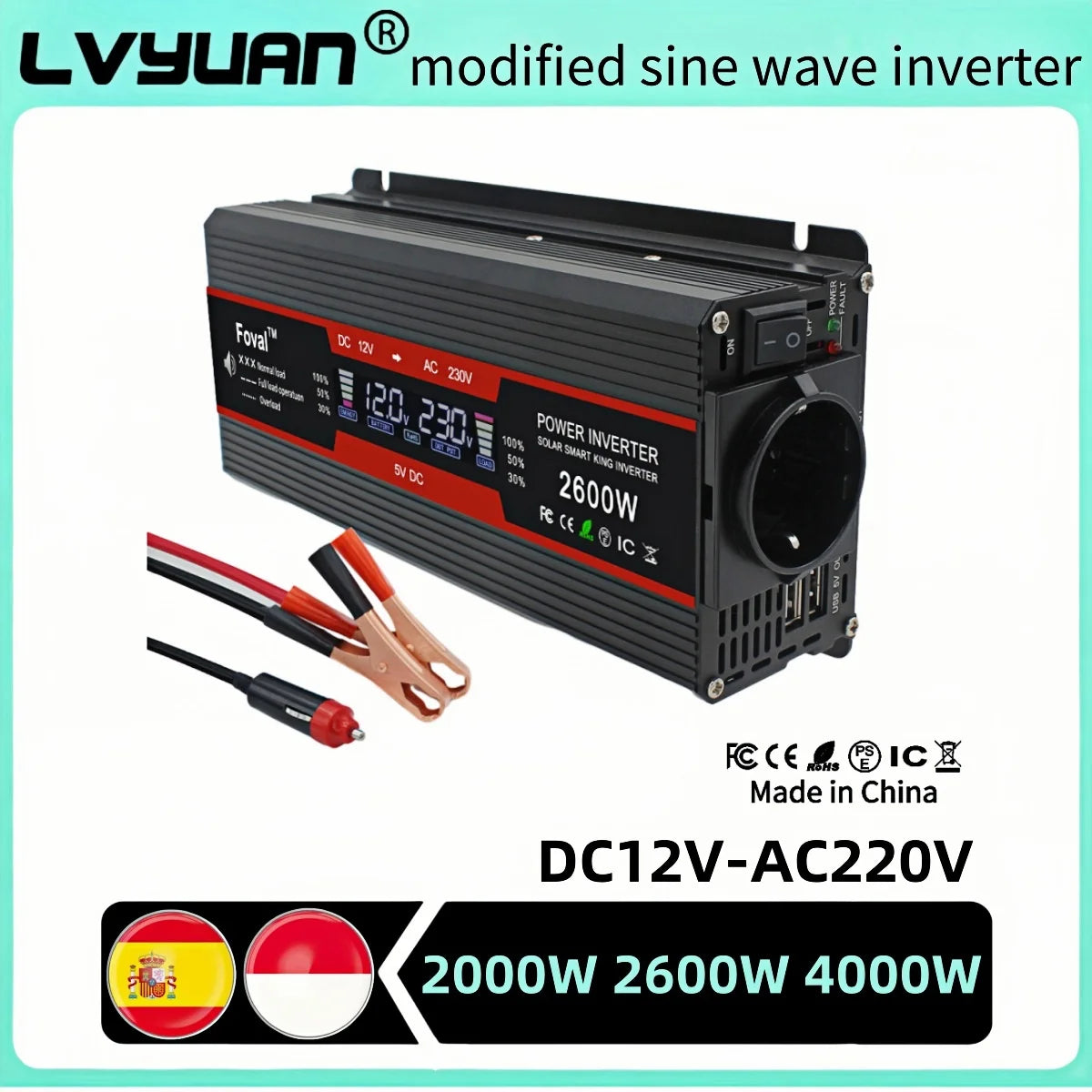 2600W/4000W Car Inverter DC12V AC220V Power Inversor LED Display