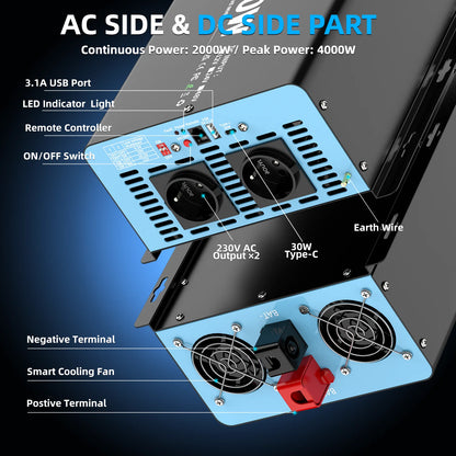 2000W Continuous Power Pure Sine Wave Inverter Peak Power 4000W DC 12V to AC 230V