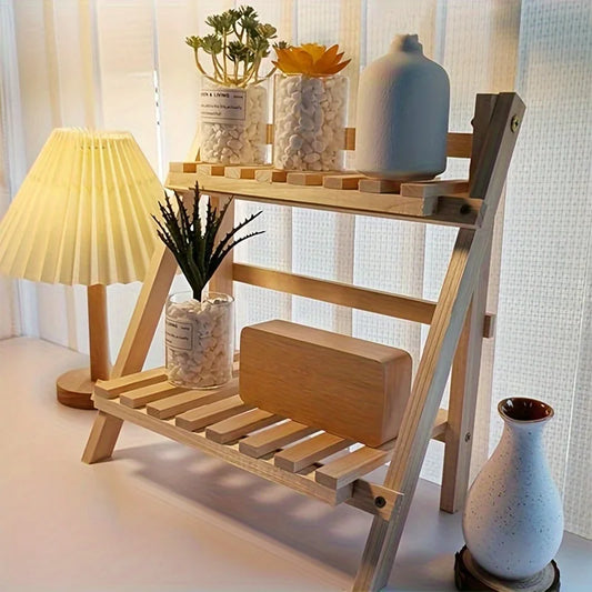 Wooden Desktop Organizer Shelf Trapezoidal Double-Layer Storage