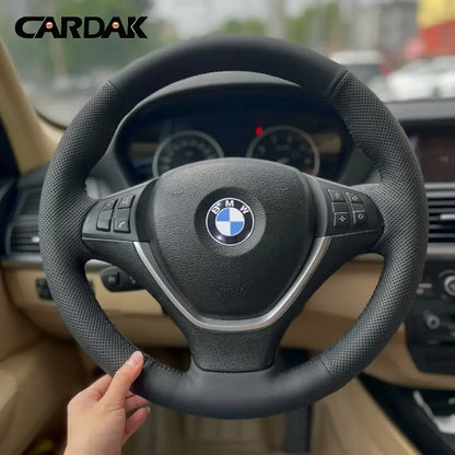 Hand-stitched Full Black Leather Car Steering Wheel Cover for BMW